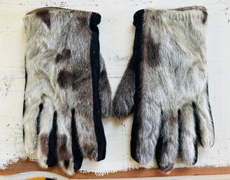 Vintage Handmade Norwegian Elk Fur And Black Leather Gloves