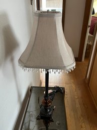 Interesting Tall Buffet Lamp With Glass Globe And Beaded Shade Fringe