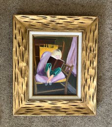 Wood Framed Painting Of Girl Reading A Book