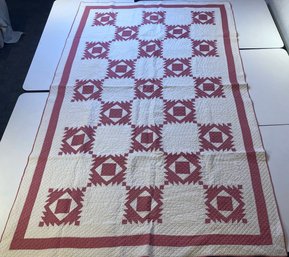 Rose And White Boxes Quilt With Rose Colored Border