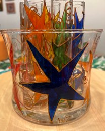 Hand Painted Bar Set-  Ice Bucket And 6 Glasses