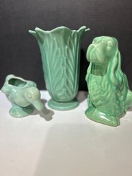 3 Teal Ceramic Pieces Duck,dog,vase