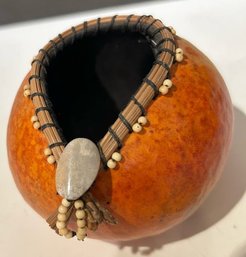 Handwoven Gourd With Pine Needles And Decorative Stone And Beads
