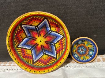 2 Mexican Huichol Beaded Gourd Bowls