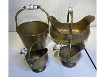 Set Of 4 Brass And Delft Porcelain Buckets