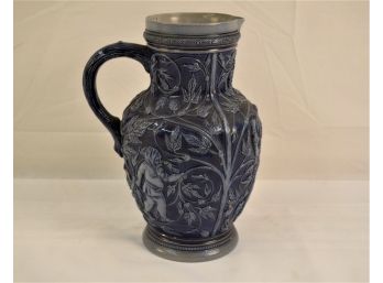 Vintage European Blue Ceramic Pitcher Westerwald Salt Glazed Pitcher.