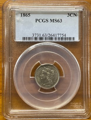 1865 3 Cent Piece PCGS MS63 Graded