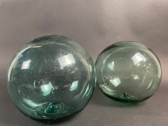 Pair Of Vintage Green Glass Fishing Float Balls