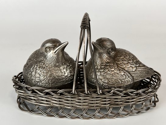 Vintage Silver Plated Two Birds Chicks In Basket
