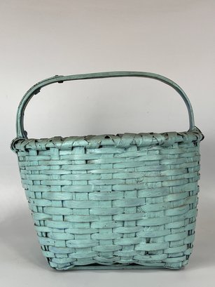 Large Antique Handled Basket With Blue Paint