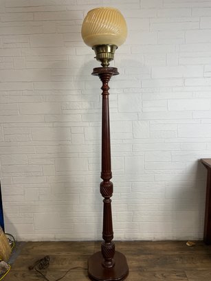 Carved Wood Torchiere Floor Lamp Brass Band Trim And Glass Shade
