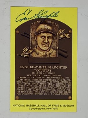 Enos Slaughter Signed Hall Of Fame Plaque Post Card