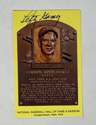 Lefty Gomez Autographed Hall Of Fame Plaque Post Card