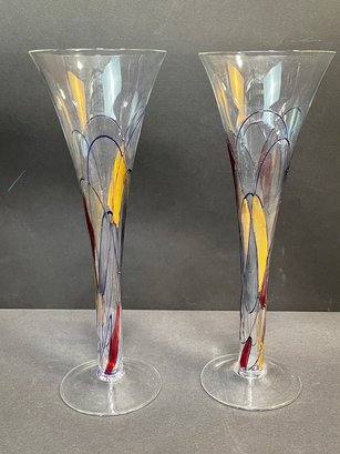 Pair Of Mosaic Hand Painted Glass Vases