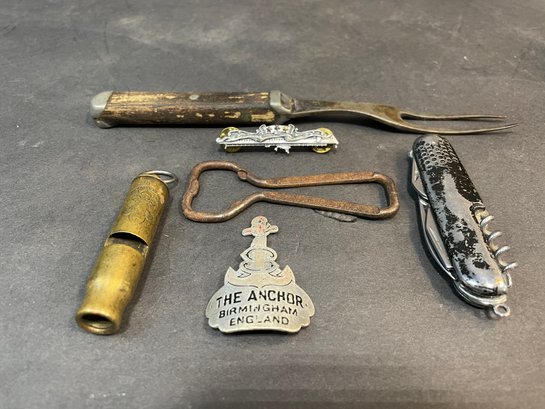 Vintage Junk Drawer Lot Including Boy Scout Whistle, Pocket Knife And More!
