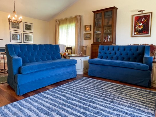 Large Mid Century Blue Corduroy Two Piece Curved Sofa
