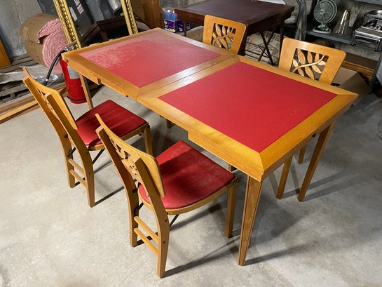 Mid Century Modern Stakmore Folding Compact Orange Vinyl & Wood Card Dining Table W Chairs