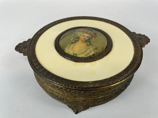 Vintage Brass Round Dresser Jar With Figural Motif Atop - Cream
