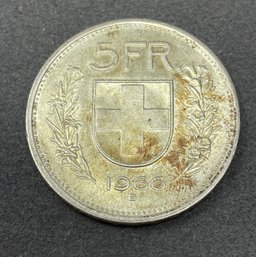 1966 B Helvetica Switzerland 5 Francs Silver Coin