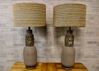 Pair Of Tribal Inspired Oversized Mid Century Lamps With Great Shades