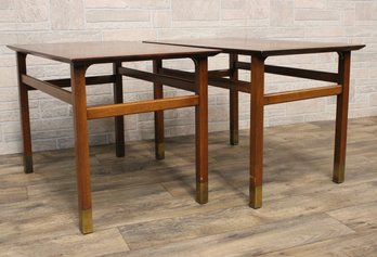 Pair Of Walnut Mid Century Side Tables W/ Brass Accents 19.75in Wide, 31.75in, 21in High