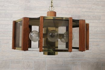 Hexagonal Brass Smoked Lucite And Wood Chandelier By Frederick Ramond