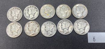 Lot Of 10 Silver Mercury Dimes (6)