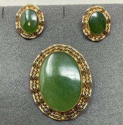Vintage Gold Fill & Jade Earrings And Brooch Pendant Lot