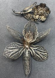 Pair Of Vintage Silver Filigree Pin Brooches