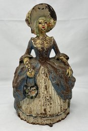Antique 1920s Cast Iron Doorstop Victorian Lady In Dress W/ Bonnet Original Paint