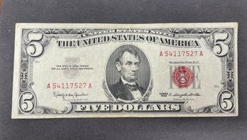 1963 $5 Five Dollar Red Seal Note Bill
