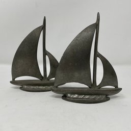 Pair Of Vintage Pewter Sailboat Sculptures Signed