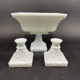 Lot Of Vintage Grapevine Pattern Milk Glass Compote Candle Sticks