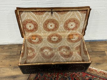 Early 1800s Leather Wrapped Trunk W/ Brass Tacks And Great Wall Paper Lining