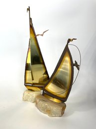 Pair Of Signed Brass Sailboat Sculptures