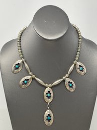 Native American Sterling & Turquoise Shadowbox Necklace (L99)