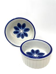 2 VIANA DO CASTELO HAND PAINTED BLUE WHITE SMALL BAKING DISHES MADE IN PORTUGAL