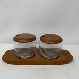 Mid Century Teak Covered Jars And Tray