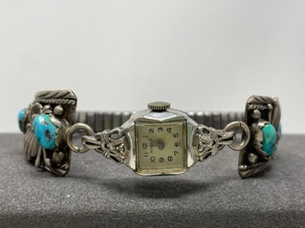 Native American Sterling Silver And Turquoise Watch Band