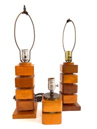 Trio Of Russel Wright Style Stacked Wood Table Lamps