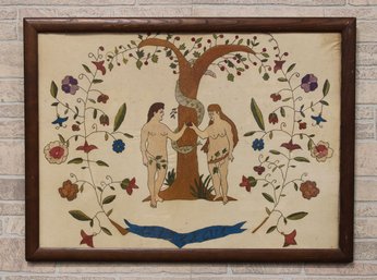 Vintage Folk Art Needle Point Adam & Eve Framed Tapestry Great Detail!