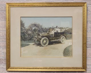 Large Antique Hand Colored PhotoGraph Print Of An Automobile