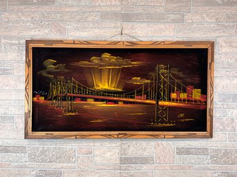 HUGE Mid Century Velvet Painting - Suspension Bridge