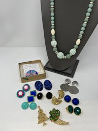 Lot Of Vintage Jewelry Includes Hand Crafted Glass Pin By Rhode Island Artist, Necklace, Pins And Earrings