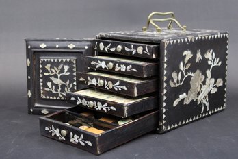 19th Century Mahjong Set In Lacquered Box Pearl Inlay Bone And Bamboo Tiles Beautiful!