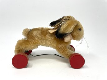 Vintage STEIFF Mohair Bunny Rabbit On Eccentric Wheels With Ear Button, 1940/50s