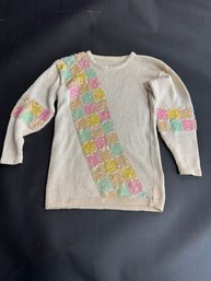 Vintage White Knit Sweater With Rainbow Sequence