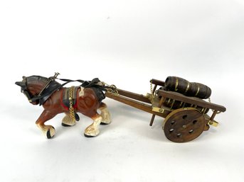 Vintage Ceramic Clydesdale Horse Pulling Wooden Barrel Cart