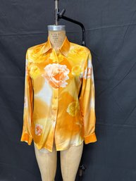 Vintage Escada Yellow And Orange Floral Silk Button Up