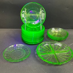 Large Lot Of Uranium Glass Including Divided Olive Dish, Berry Bowls, Fostoria Dessert Plates And More!